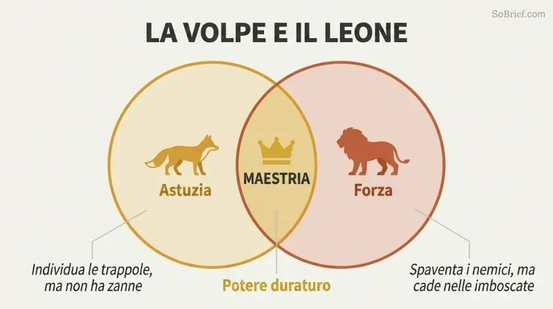 Venn diagram with a fox circle for cunning and a lion circle for force, their overlap highlighted as the zone of lasting power.