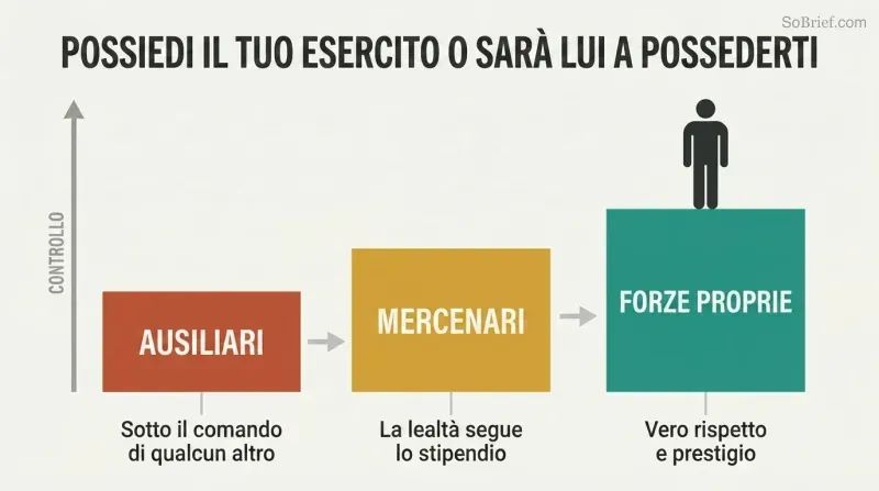 Three ascending steps showing the progression from auxiliaries to mercenaries to own forces, with power and control increasing at each level.