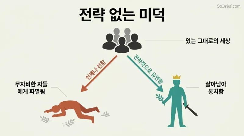 Fork diagram showing how a hostile world splits into two paths: naive virtue leading to a fallen figure, and strategic flexibility leading to a standing ruler.