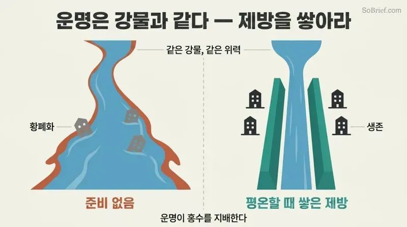 Split panel comparing an unprotected plain devastated by a flooding river on the left with a prepared landscape where dykes channel the same river safely on the right.