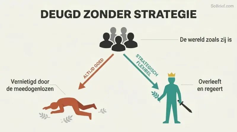 Fork diagram showing how a hostile world splits into two paths: naive virtue leading to a fallen figure, and strategic flexibility leading to a standing ruler.