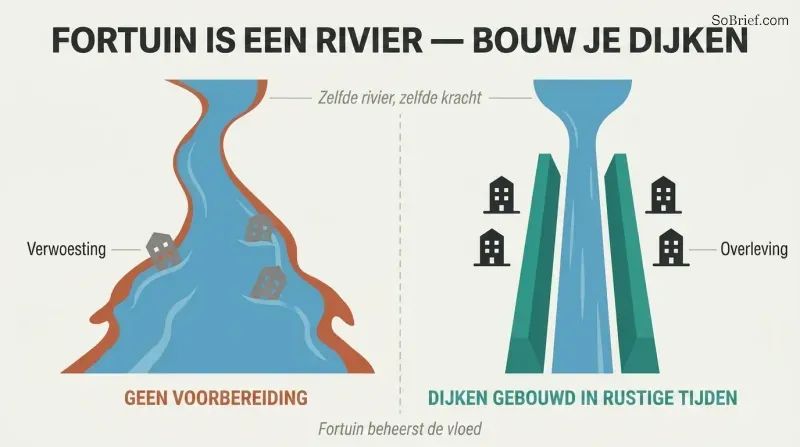 Split panel comparing an unprotected plain devastated by a flooding river on the left with a prepared landscape where dykes channel the same river safely on the right.