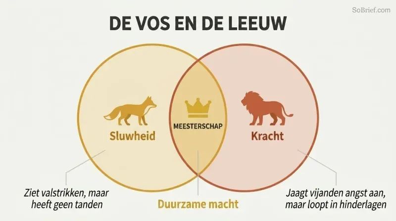 Venn diagram with a fox circle for cunning and a lion circle for force, their overlap highlighted as the zone of lasting power.