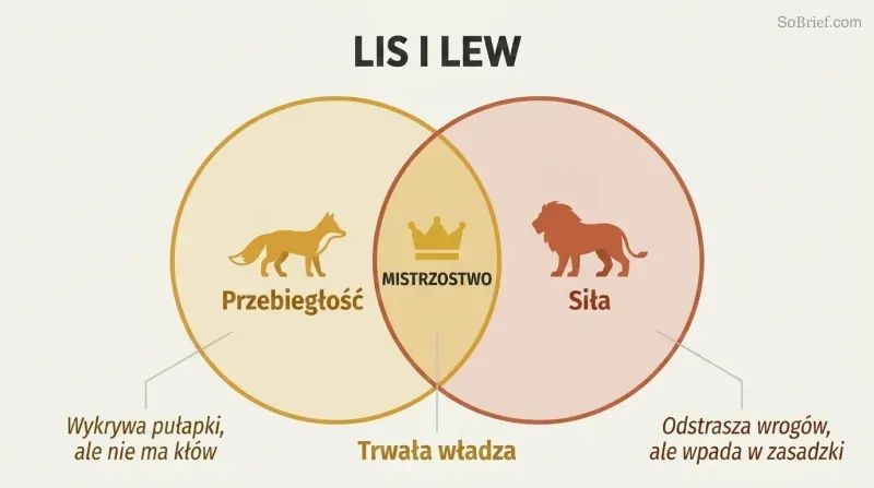 Venn diagram with a fox circle for cunning and a lion circle for force, their overlap highlighted as the zone of lasting power.