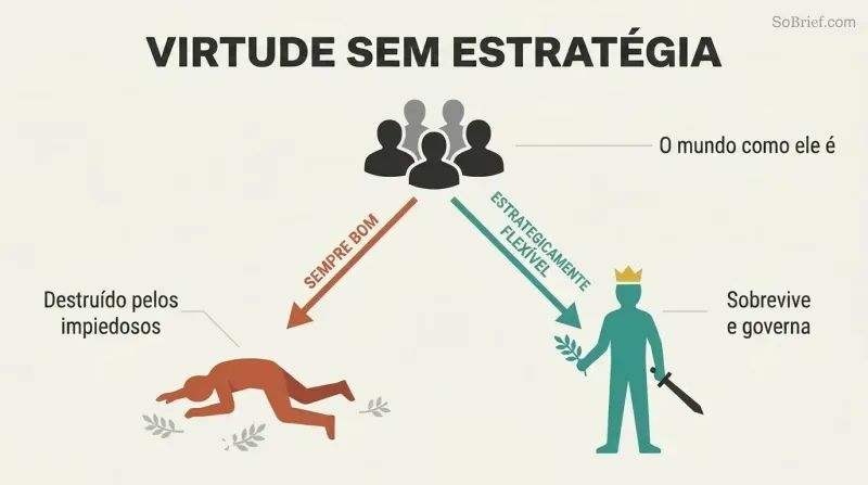 Fork diagram showing how a hostile world splits into two paths: naive virtue leading to a fallen figure, and strategic flexibility leading to a standing ruler.