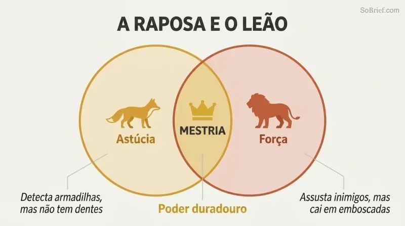 Venn diagram with a fox circle for cunning and a lion circle for force, their overlap highlighted as the zone of lasting power.