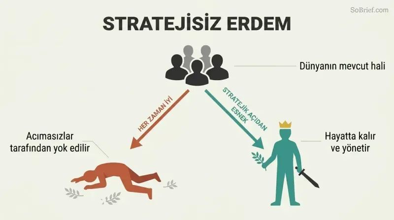 Fork diagram showing how a hostile world splits into two paths: naive virtue leading to a fallen figure, and strategic flexibility leading to a standing ruler.