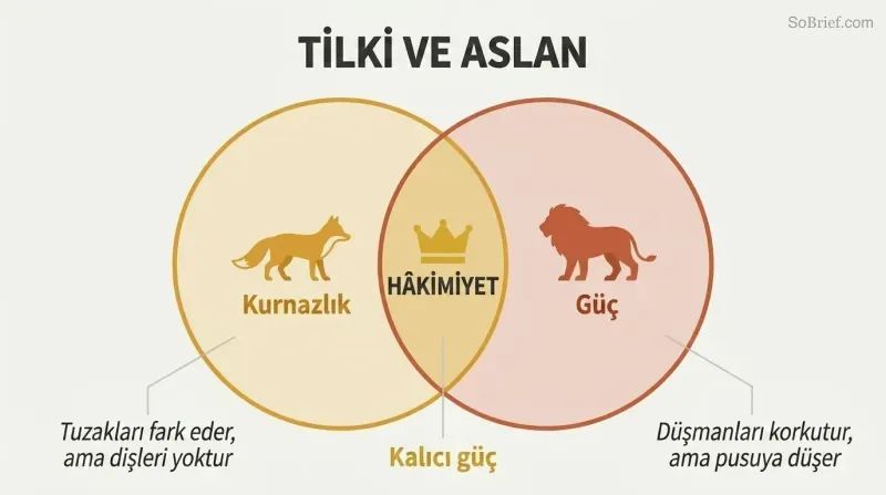 Venn diagram with a fox circle for cunning and a lion circle for force, their overlap highlighted as the zone of lasting power.