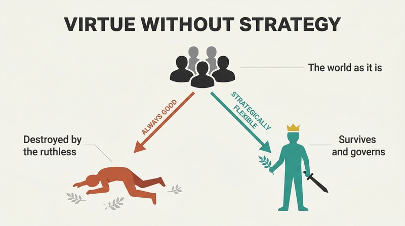 Fork diagram showing how a hostile world splits into two paths: naive virtue leading to a fallen figure, and strategic flexibility leading to a standing ruler.