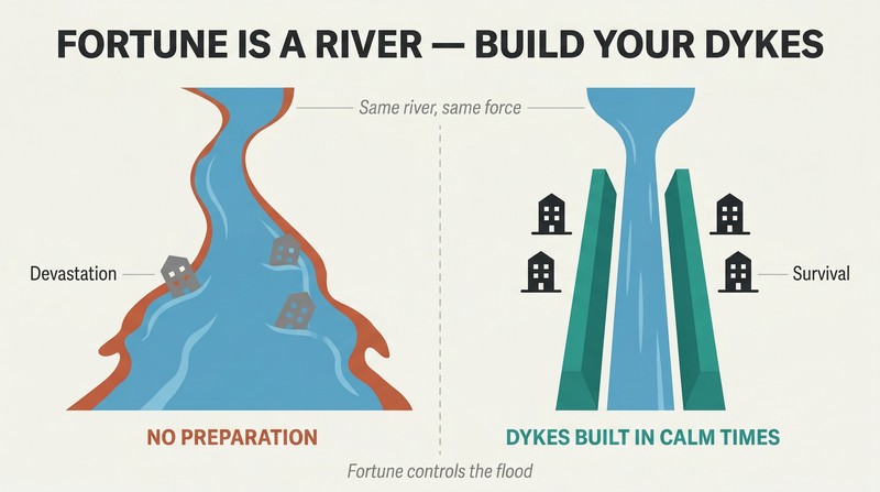 Split panel comparing an unprotected plain devastated by a flooding river on the left with a prepared landscape where dykes channel the same river safely on the right.
