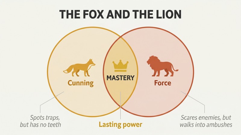Venn diagram with a fox circle for cunning and a lion circle for force, their overlap highlighted as the zone of lasting power.