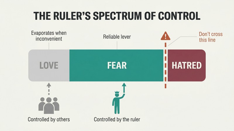 Horizontal spectrum bar divided into three zones — love, fear, and hatred — showing fear as the controllable sweet spot between unreliable love and destructive hatred.