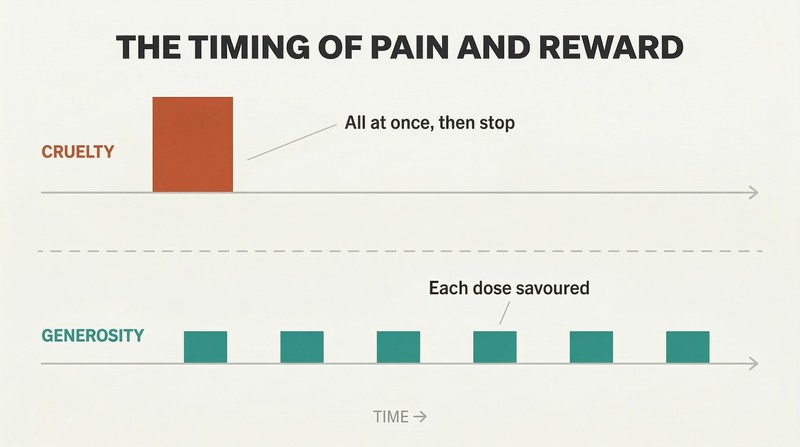 Two timelines contrasting a single large block of cruelty at the start versus small evenly spaced blocks of generosity distributed over time.