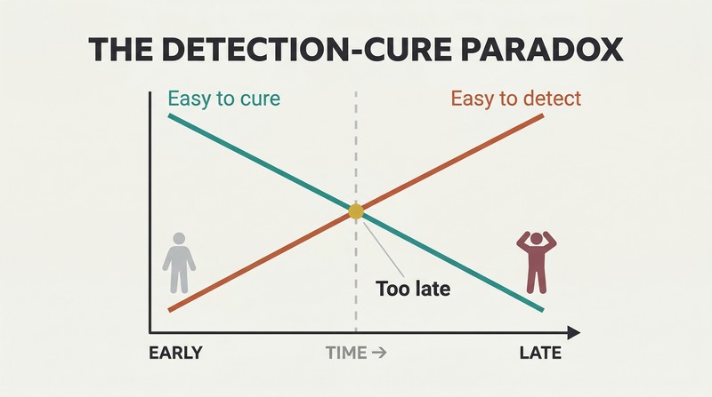Two crossing lines on a time axis show curability falling as detectability rises, revealing that problems become visible only after they become hard to fix.