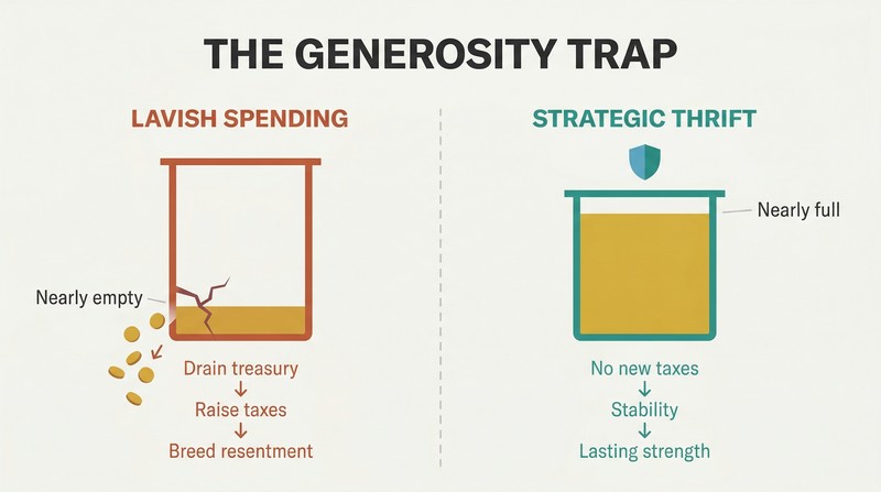 Split panel comparing two treasury vessels — one draining from lavish spending leading to crisis, one preserved through thrift leading to strength.