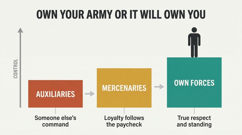 Three ascending steps showing the progression from auxiliaries to mercenaries to own forces, with power and control increasing at each level.