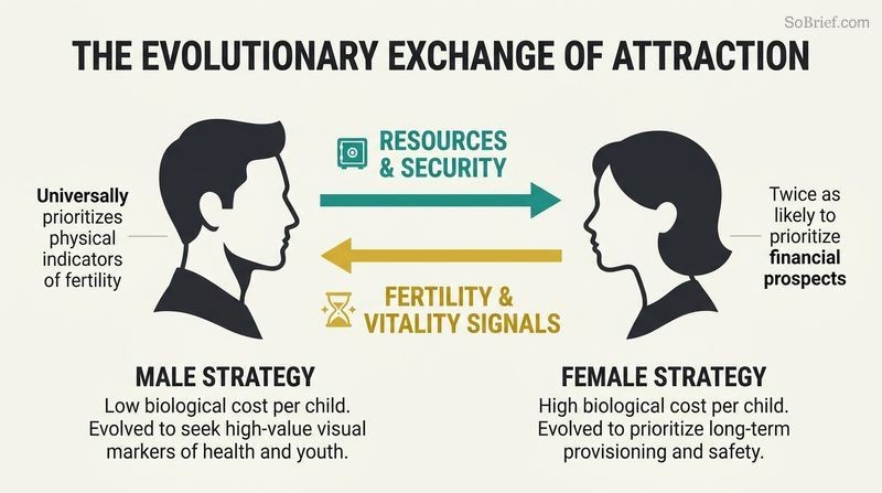 Bilateral exchange diagram showing how evolutionary forces drive men to trade resources for female fertility, while women trade youth and beauty for male provision.