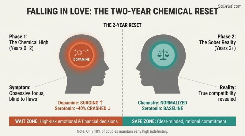 Timeline showing how the brain's dopamine high crashes to a sober baseline at the two-year mark, dividing the relationship into a temporary high-risk period and a stable long-term commitment zone.