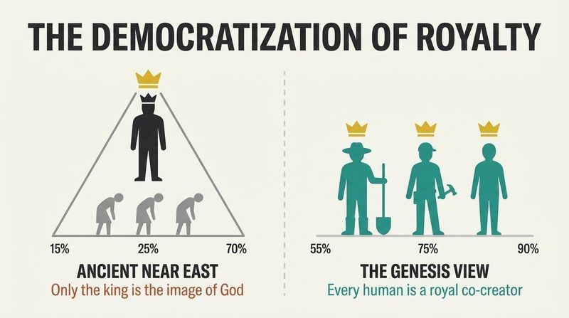A split-panel comparison showing ancient hierarchy where only the king is crowned, contrasted with the Genesis view where every everyday worker is crowned as royalty.