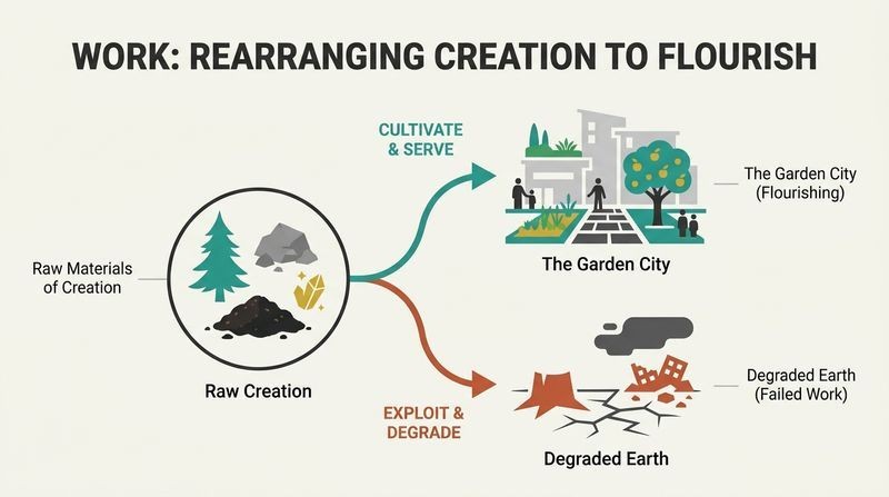 A fork diagram showing how raw creation can be rearranged through cultivating work into a flourishing Garden City, or ruined through exploitative work into a degraded landscape.