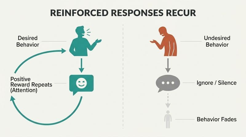 Split diagram showing a positive feedback loop of rewarding upbeat behavior on the left, and a linear downward sequence of ignoring complaining behavior on the right until it fades away.