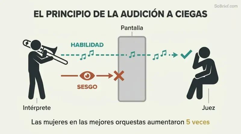 Filter diagram where a central screen lets ability (shown as music) pass through to a judge while blocking visual bias cues, illustrating how blind auditions remove prejudice from snap judgments.