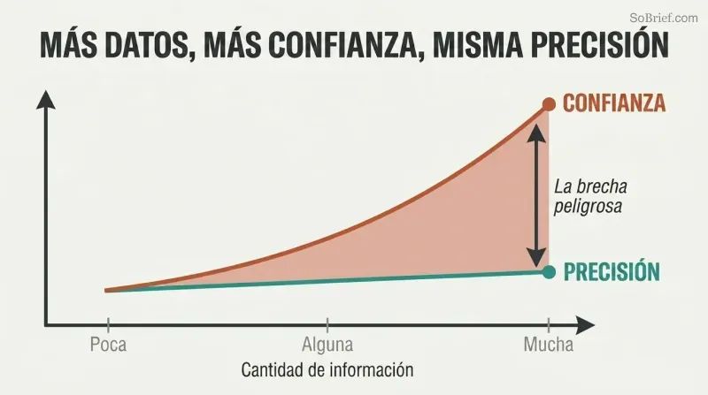 Two trend lines diverging as information increases — confidence climbs steeply while accuracy remains flat, revealing a dangerous gap.