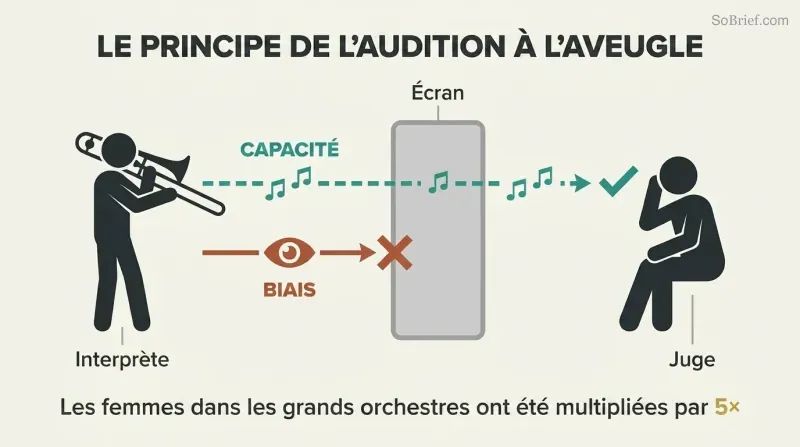 Filter diagram where a central screen lets ability (shown as music) pass through to a judge while blocking visual bias cues, illustrating how blind auditions remove prejudice from snap judgments.