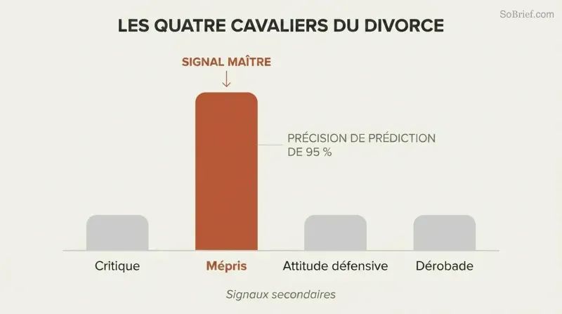 Four columns representing divorce predictors, with contempt towering dramatically over criticism, defensiveness, and stonewalling.