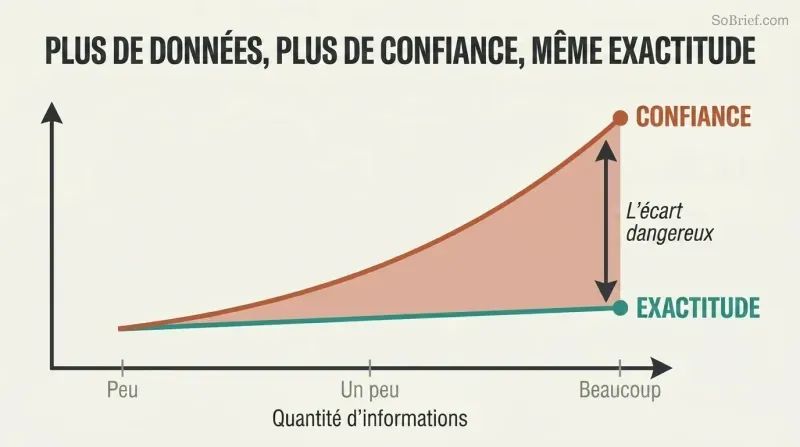 Two trend lines diverging as information increases — confidence climbs steeply while accuracy remains flat, revealing a dangerous gap.