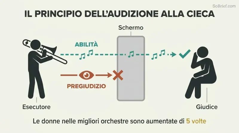 Filter diagram where a central screen lets ability (shown as music) pass through to a judge while blocking visual bias cues, illustrating how blind auditions remove prejudice from snap judgments.