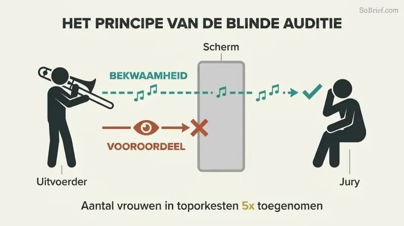 Filter diagram where a central screen lets ability (shown as music) pass through to a judge while blocking visual bias cues, illustrating how blind auditions remove prejudice from snap judgments.