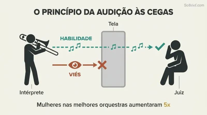 Filter diagram where a central screen lets ability (shown as music) pass through to a judge while blocking visual bias cues, illustrating how blind auditions remove prejudice from snap judgments.