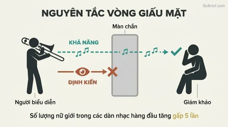 Filter diagram where a central screen lets ability (shown as music) pass through to a judge while blocking visual bias cues, illustrating how blind auditions remove prejudice from snap judgments.