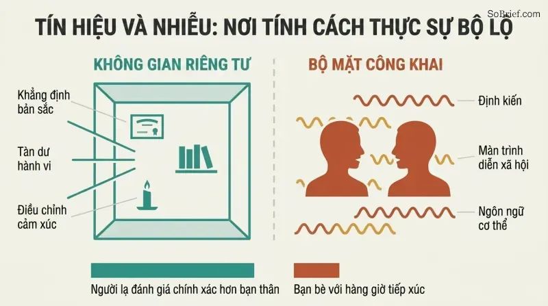 Split panel comparing a tidy room interior with clear personality clues on the left against a noisy face-to-face meeting obscured by interference lines on the right.