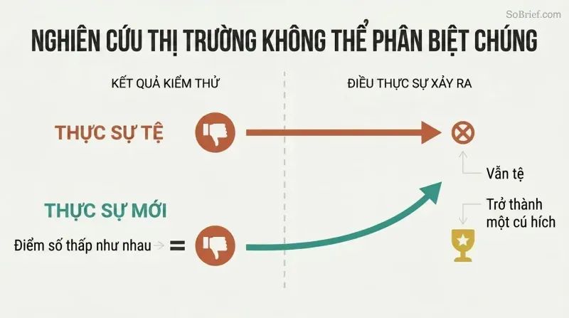Two paths starting from identical low scores diverge over time — a bad product stays low while an innovative product rises to success.