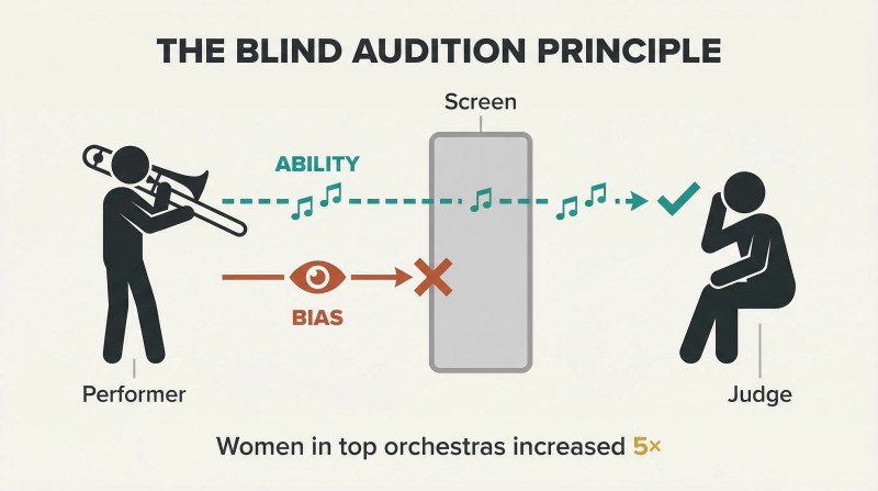 Filter diagram where a central screen lets ability (shown as music) pass through to a judge while blocking visual bias cues, illustrating how blind auditions remove prejudice from snap judgments.