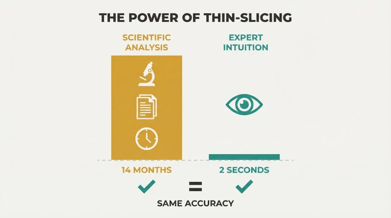Proportion comparison showing a towering amber bar for fourteen months of analysis beside a razor-thin teal bar for two seconds of intuition, both yielding identical accuracy results.