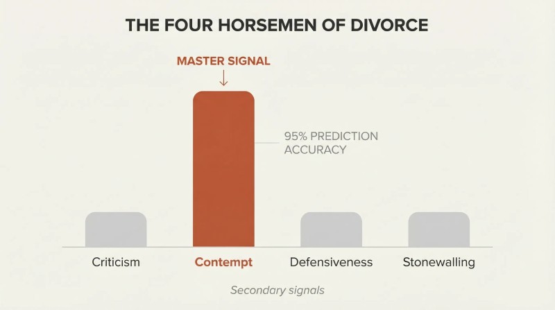 Four columns representing divorce predictors, with contempt towering dramatically over criticism, defensiveness, and stonewalling.