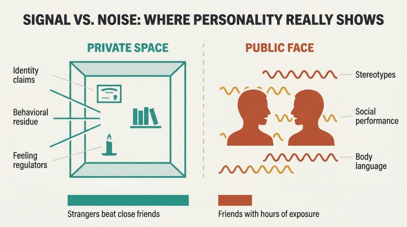 Split panel comparing a tidy room interior with clear personality clues on the left against a noisy face-to-face meeting obscured by interference lines on the right.