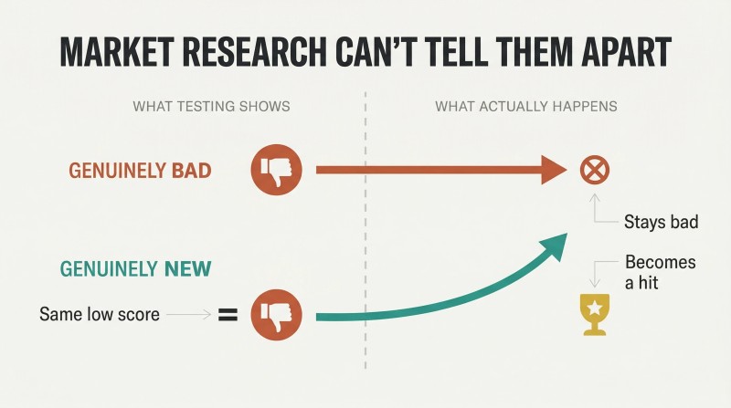 Two paths starting from identical low scores diverge over time — a bad product stays low while an innovative product rises to success.