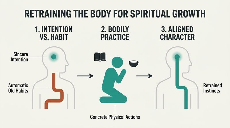 A three-stage timeline showing how sincere spiritual intentions fail without bodily spiritual disciplines, which physically retrain the body's habits to automatically align with spiritual growth.