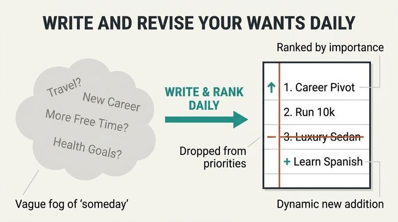 Split diagram showing scattered, vague desires on the left transforming into a concrete, ranked, and actively revised list on a page on the right.