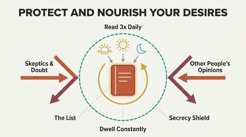 Diagram showing a central desire list protected inside a circular secrecy shield, nourished by morning, noon, and night habits while deflecting external skepticism.