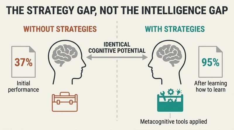 A split-panel diagram comparing a student's performance before and after acquiring learning tools, demonstrating that identical biological brains yield vastly different academic results when equipped with metacognitive strategies.