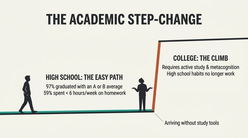 A minimalist landscape diagram showing a flat road labeled High School that suddenly turns into a steep vertical cliff labeled College, with a student silhouette standing at the base completely unprepared for the climb.