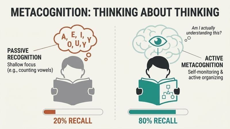 Split-panel diagram comparing passive rote learning (yielding twenty percent recall) with self-monitored metacognition (yielding eighty percent recall).