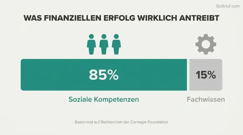 Proportion bar revealing that people skills drive 85% of financial success while technical knowledge accounts for only 15%.