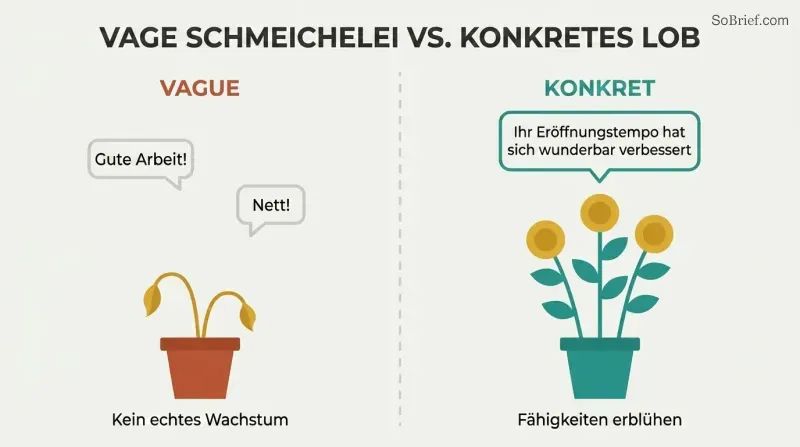 Split panel showing vague praise above a small drooping plant on the left, contrasted with specific praise above a tall blooming plant on the right.