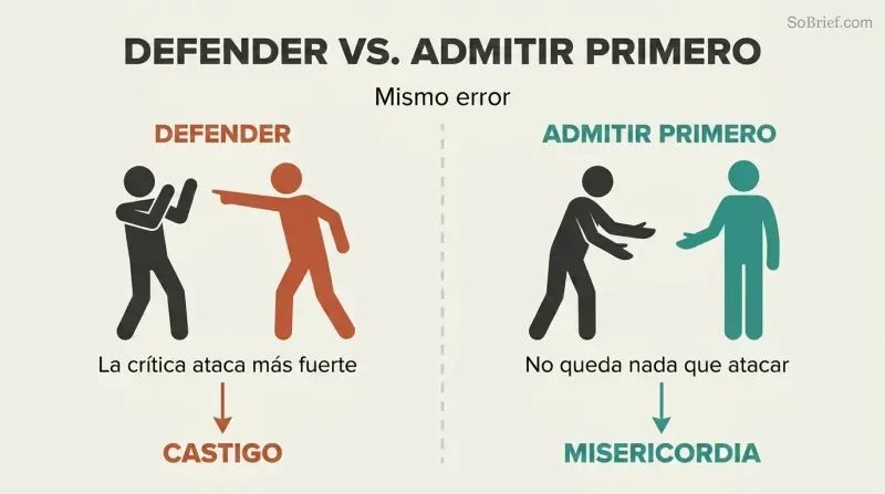 Split panel showing two responses to the same mistake: defending triggers escalation while admitting first disarms the critic.